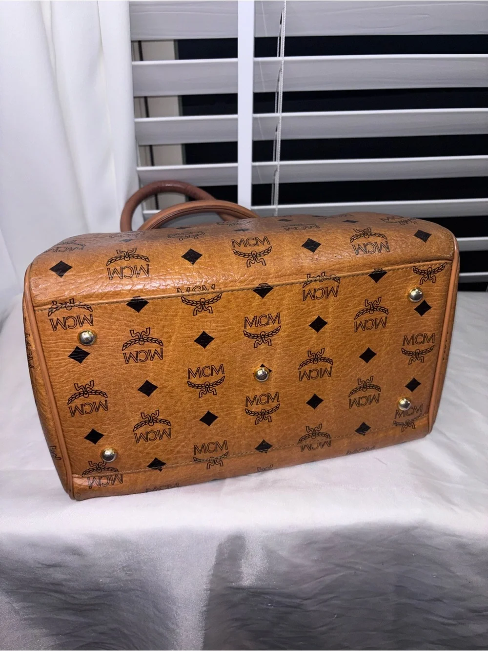 Vintage MCM Cognac Visetos Boston Bag Satchel with Shoulder Strap